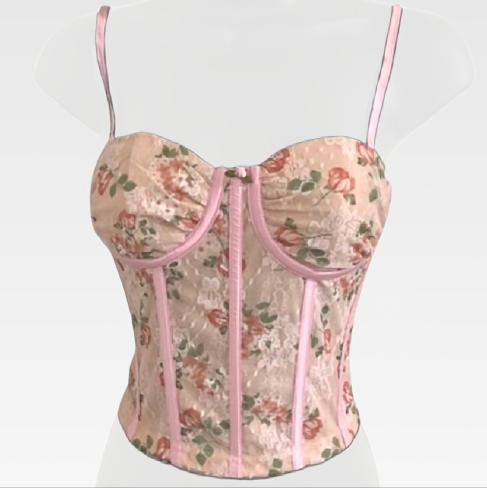 🌷 Pretty Garbage Pink Sparkle Flower Corset Top NWOT Size Large